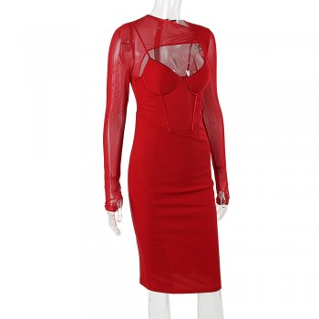 Mesh See-through Sleeve Integrated Stitching Dress Sexy Hollowed Padded Bodycon Bandage Corset Dress 
